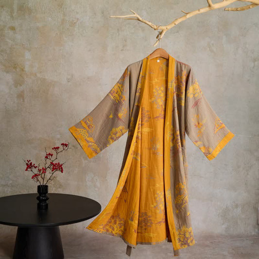 Landscape Jacquard Cotton Gauze Kimono Robe - Yellow - XL - image 0
