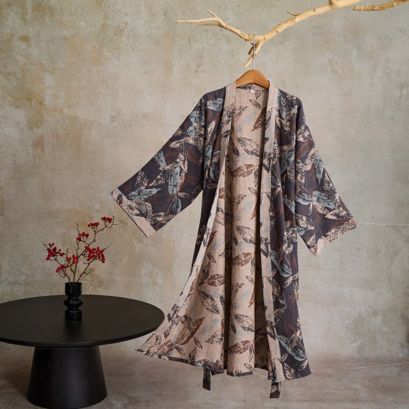 Leaf Jacquard Cotton Gauze Kimono Robe - Black - XL - image 0