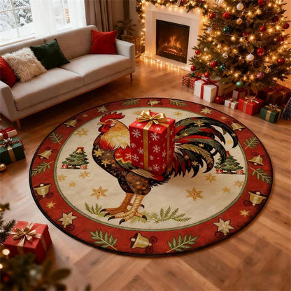 Christmas Rooster Non-Slip Round Area Rug - A - 8' - image 0