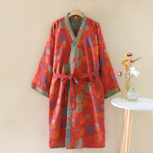 Romantic Rose Cotton Gauze Kimono Robe - Red - XL - image 0