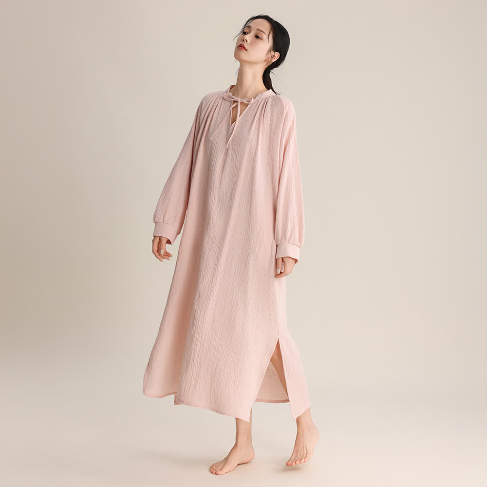 Solid V-neck Bow-Tie Cotton Nightdress - Pink - L - image 4