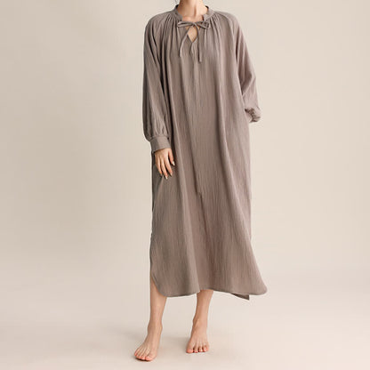 Solid V-neck Bow-Tie Cotton Nightdress - image 8