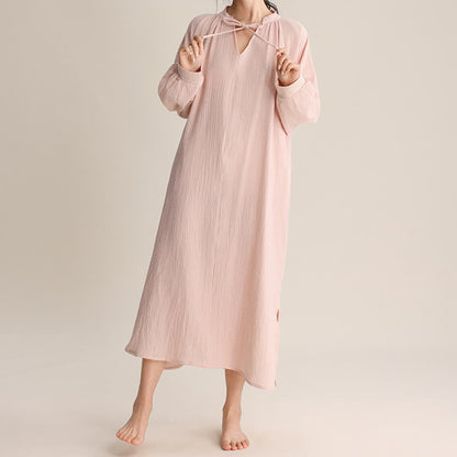 Solid V-neck Bow-Tie Cotton Nightdress - image 5