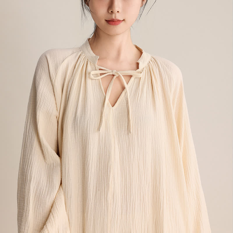 Solid V-neck Bow-Tie Cotton Nightdress - image 3