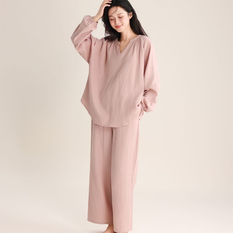 Minimalist V-neck Cotton Loungewear Set - Pink - XL - image 3