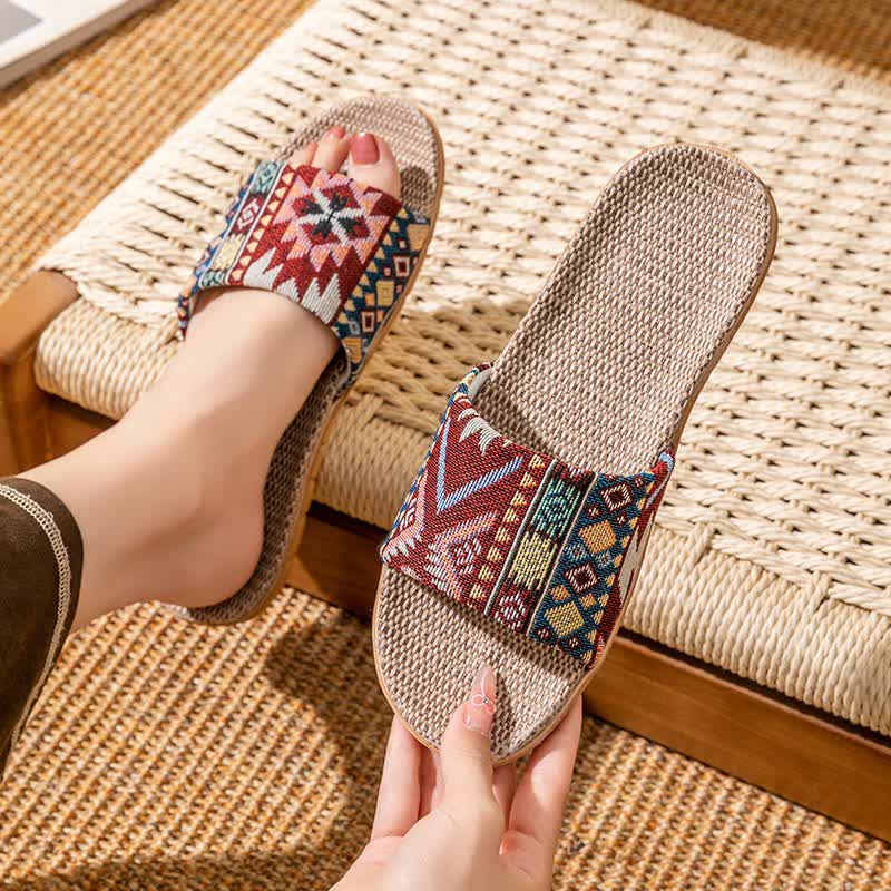 Ethnic Style Rattan House Slippers - Red - L - image 4