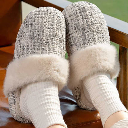 Closed-Toe Plush Warm Slippers - Gray&White - L - image 10