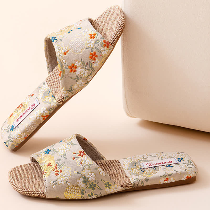 Floral Embroidered Linen House Slippers - Beige - L - image 15