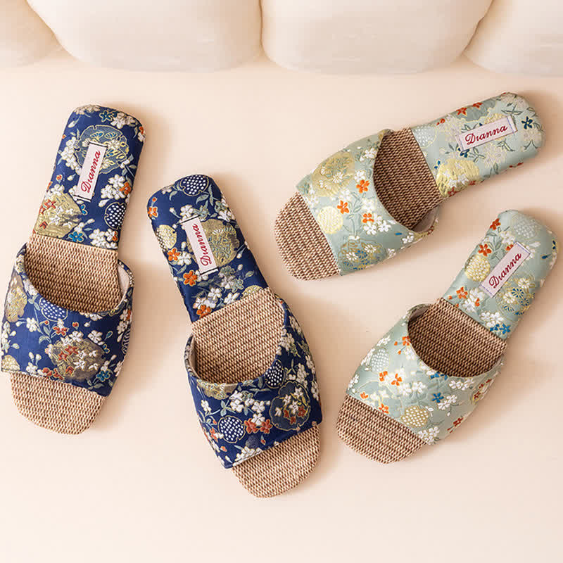 Floral Embroidered Linen House Slippers - image 3