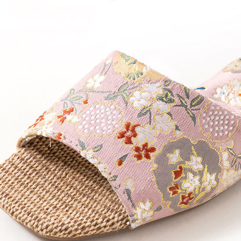 Floral Embroidered Linen House Slippers - image 9