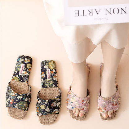 Floral Embroidered Linen House Slippers - image 6