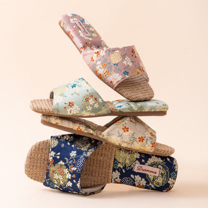 Floral Embroidered Linen House Slippers - image 1