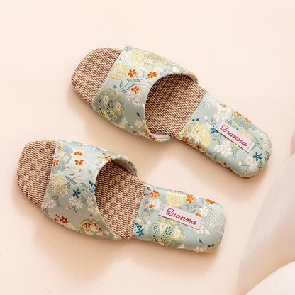 Floral Embroidered Linen House Slippers - Light Green - L - image 12