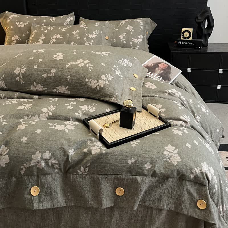 Vintage Floral Linen Button Bedding Set (4PCS) - image 1