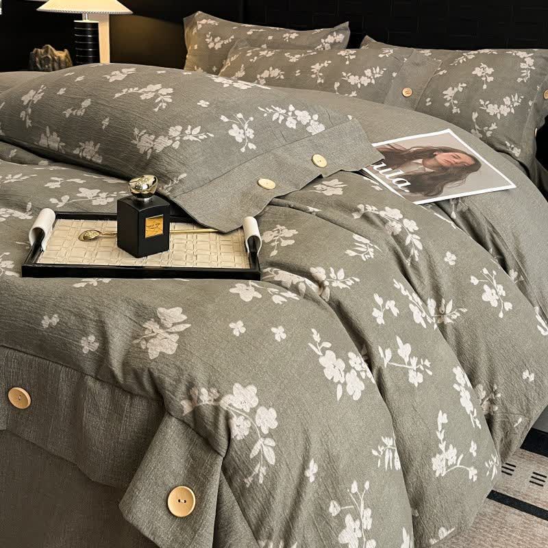 Vintage Floral Linen Button Bedding Set (4PCS) - King - image 0