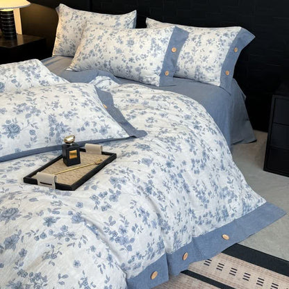 Blue Floral Linen Button Bedding Set (4PCS) - image 4