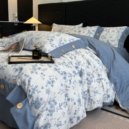 Blue Floral Linen Button Bedding Set (4PCS) - image 3