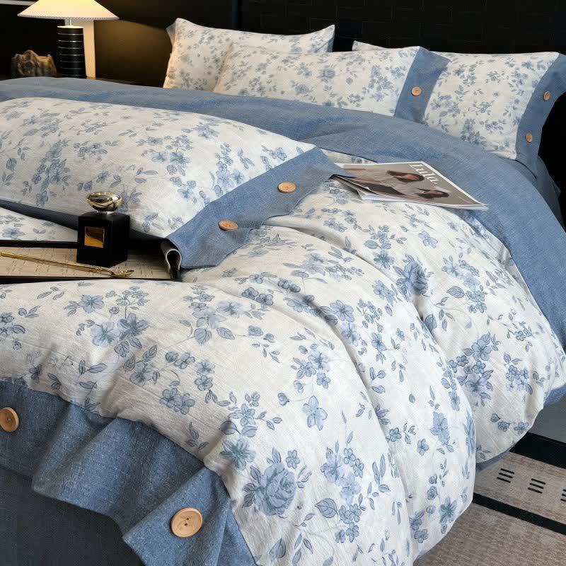 Blue Floral Linen Button Bedding Set (4PCS) - King - image 0