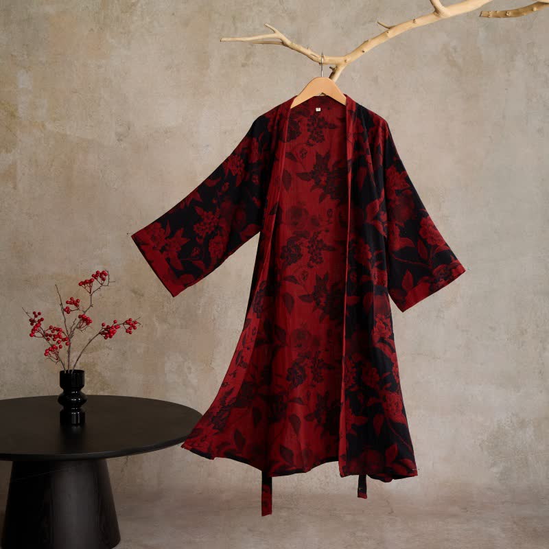 Peony Cotton Jacquard Kimono Robe - Red - XL - image 0