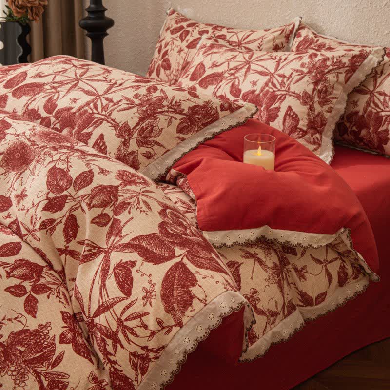 Red Botanical Lace Brushed Cotton Bedding Set - King - image 0