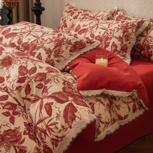 Red Botanical Lace Brushed Cotton Bedding Set - King - image 0