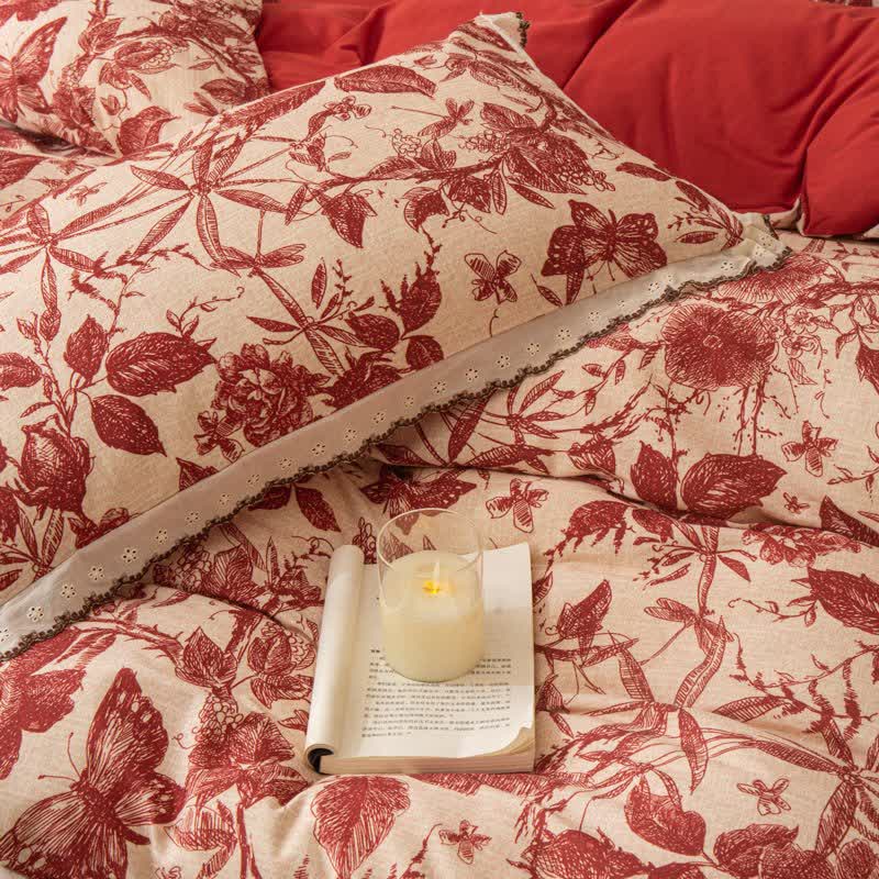 Red Botanical Lace Brushed Cotton Bedding Set - image 3