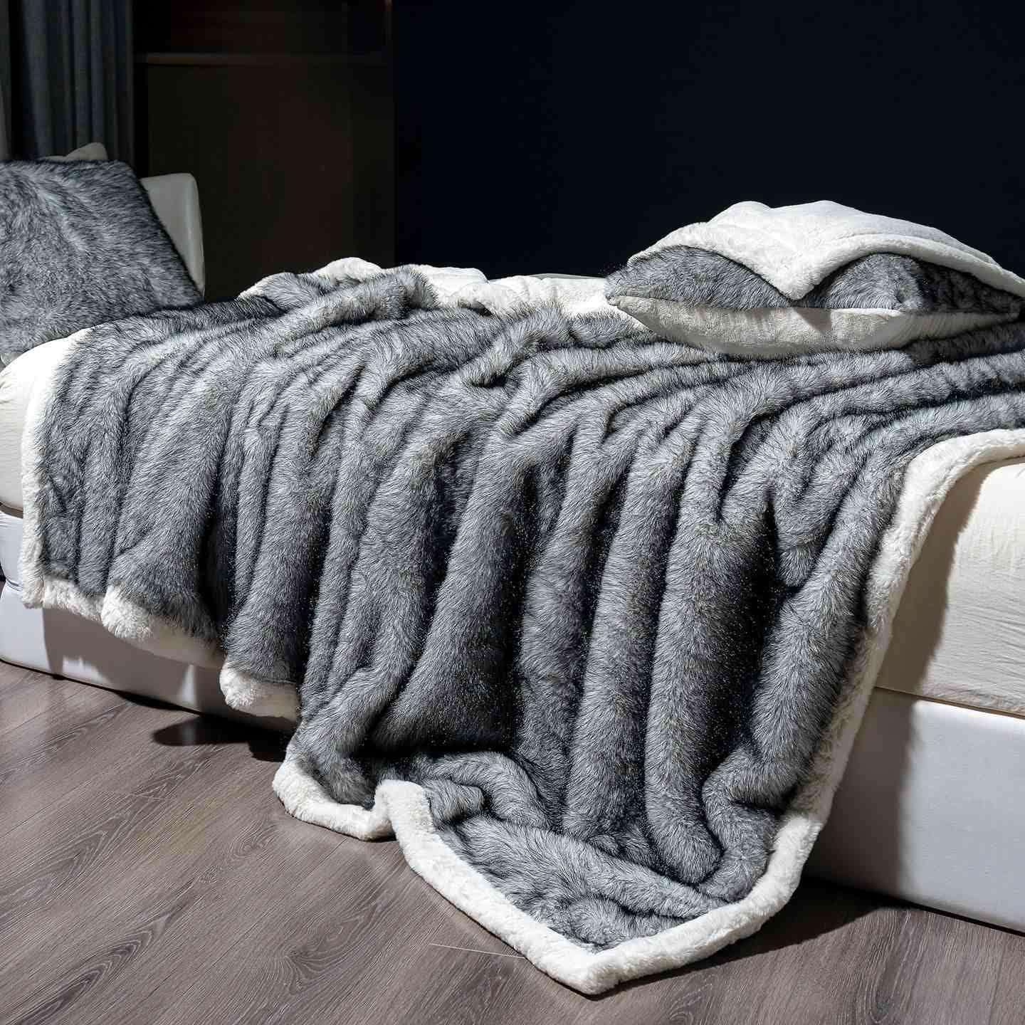 Luxury Faux Fur Plush Blanket - Grey - Queen - image 1