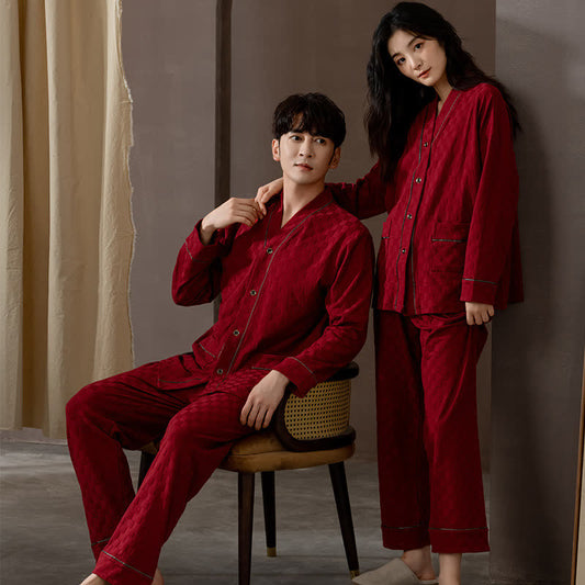 Plaid Couple Matching Cotton Pajama Set - Red - Men:3XL - image 0
