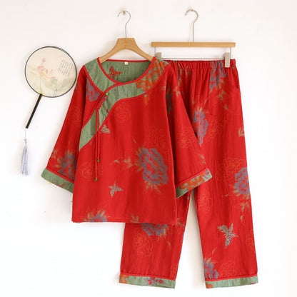 Peony Butterfly Jacquard Cotton Gauze Pajamas - Red - XL - image 13