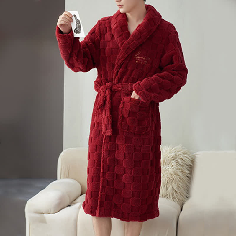 Couple Matching Plaid Textured Fleece Robe - Red - Men:XXXL - image 10