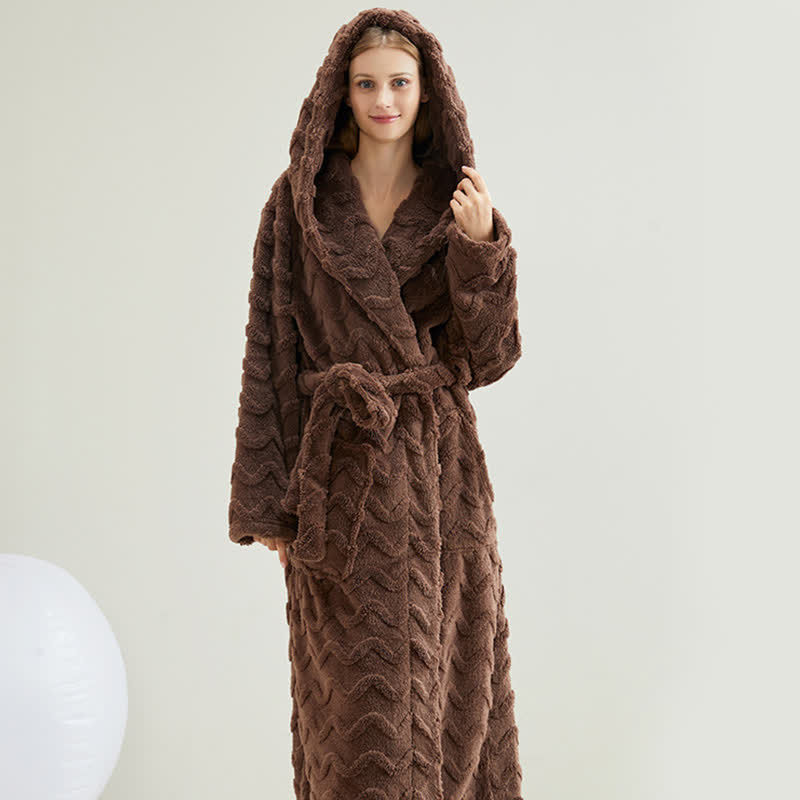 Unisex Wavy Textured Hooded Bathrobe - Coffee - 2XL - image 7