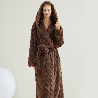 Unisex Wavy Textured Hooded Bathrobe - Coffee - 2XL - image 7