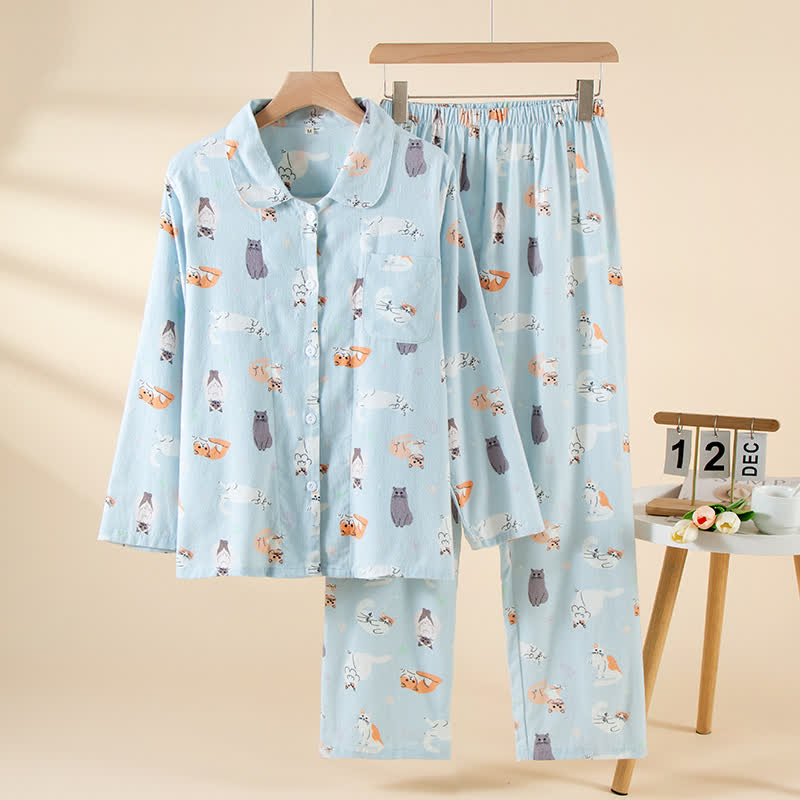 Cartoon Cat Brushed Cotton Loungewear Set - Blue - XL - image 0