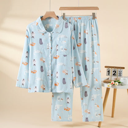 Cartoon Cat Brushed Cotton Loungewear Set - Blue - XL - image 0