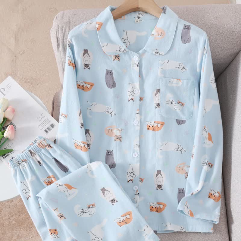 Cartoon Cat Brushed Cotton Loungewear Set - image 1