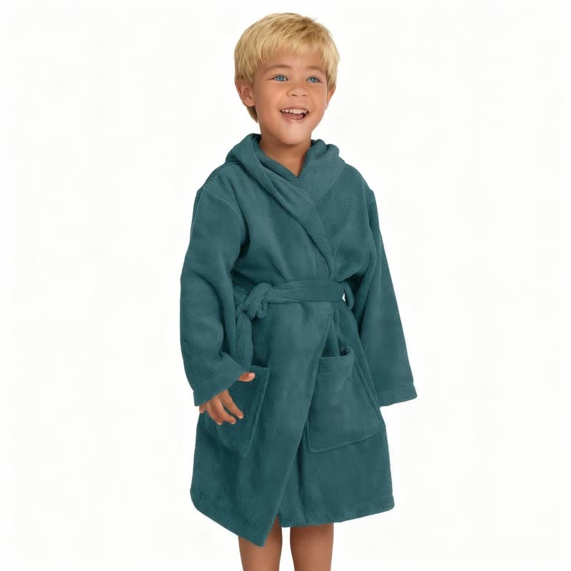 Solid Hooded Cotton Child Bathrobe - Green - L - image 4