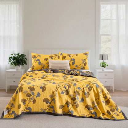 Ginkgo Leaf Natural Cotton Reversible Quilt - Light Yellow - 2PCS Pillowcases - 20" x 36" - image 18