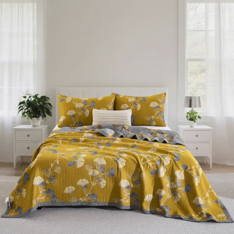 Ginkgo Leaf Natural Cotton Reversible Quilt - Dark Yellow - 2PCS Pillowcases - 20" x 36" - image 34