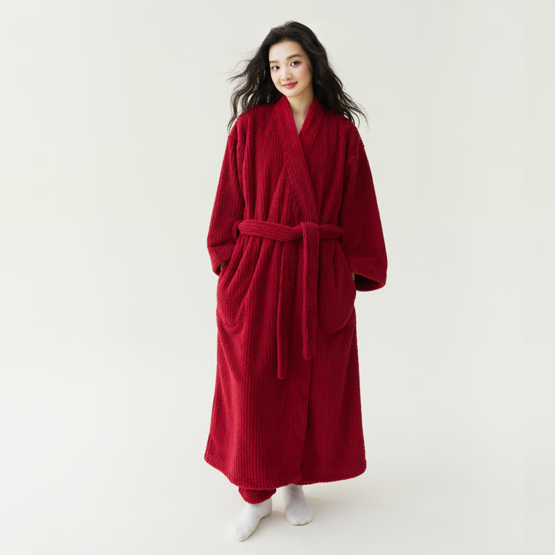 Minimalist Style Solid Plush Robe - Red - Bathrobe with Pants - XL - image 0