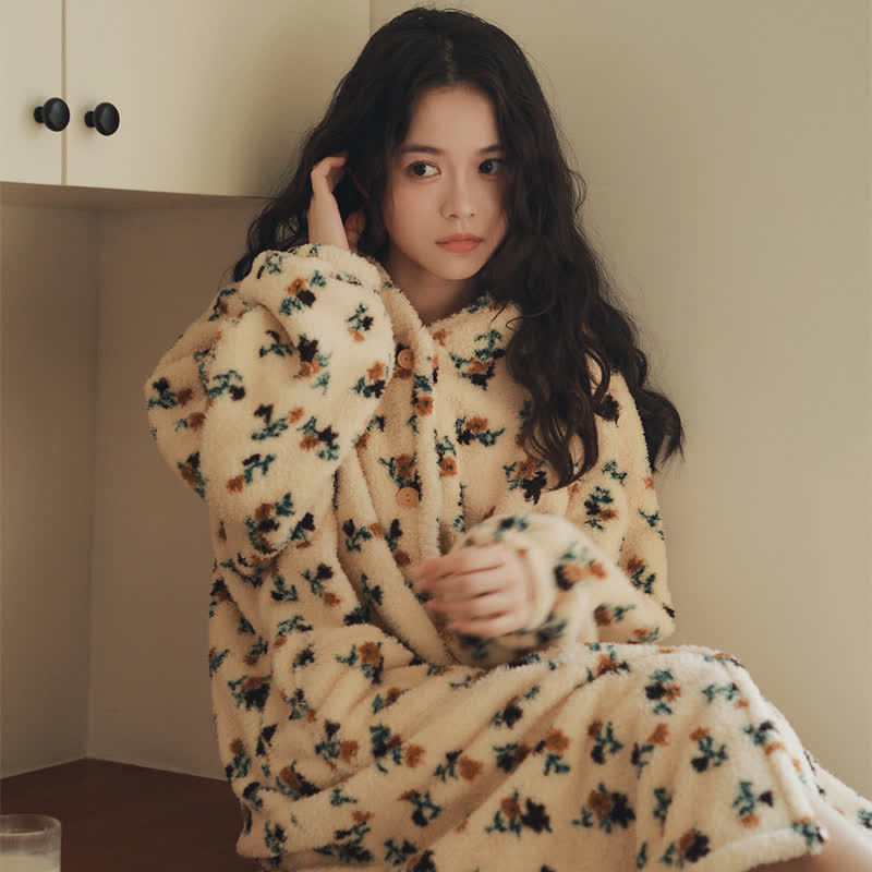 Rustic Floral Hooded Button Plush Robe - image 2