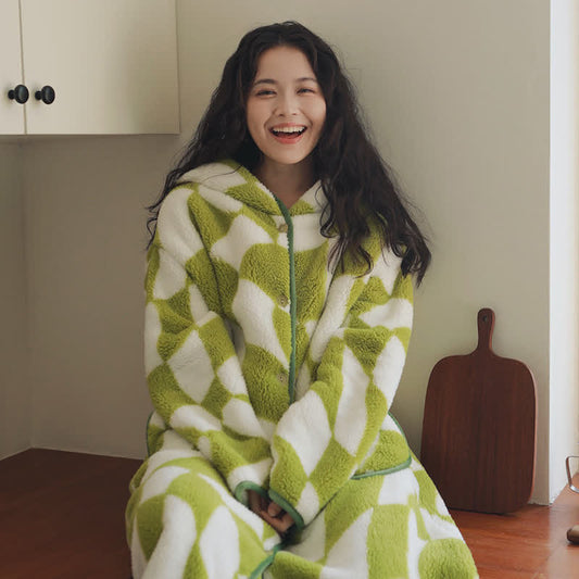 Geometric Pattern Hooded Button Plush Robe - Green - XL - image 0