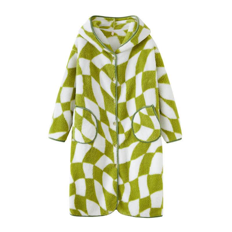Geometric Pattern Hooded Button Plush Robe - image 3