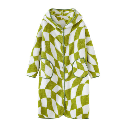 Geometric Pattern Hooded Button Plush Robe - image 3
