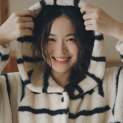 Classic Striped Hooded Button Plush Robe - image 2