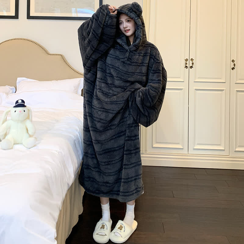 Striped Plush Robe with Bear-Ear Hood - Gray - XXL - image 1