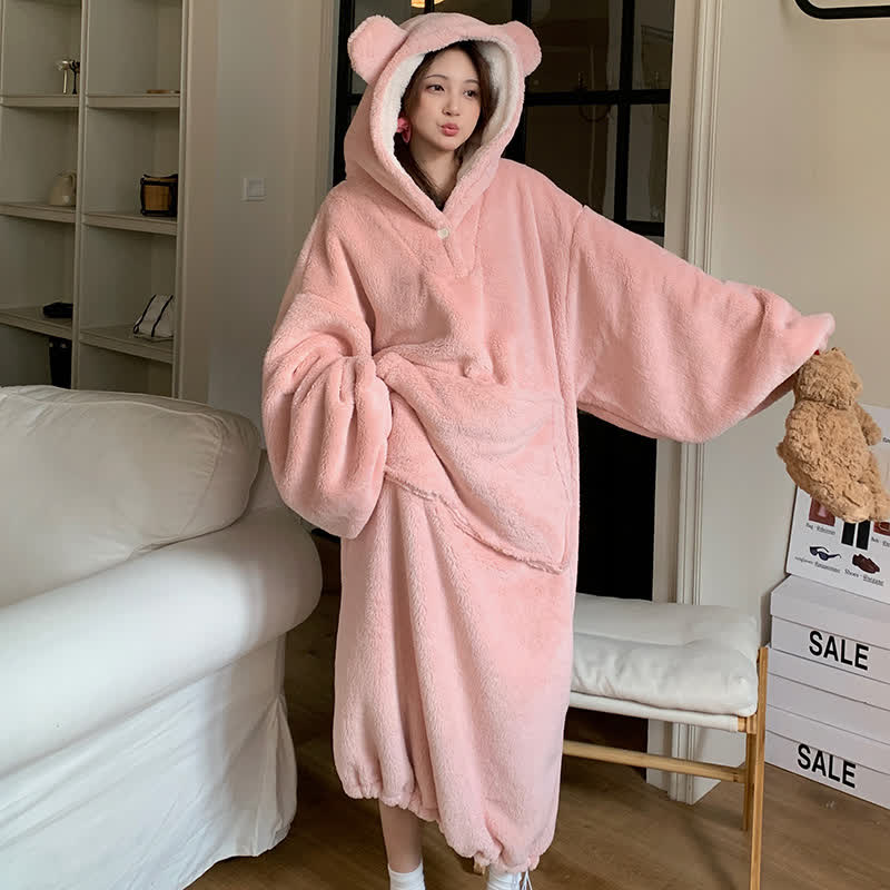Solid Plush Robe with Bear-Ear Hood - Pink - XXL - image 2