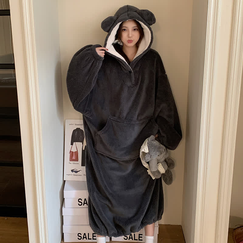 Solid Plush Robe with Bear-Ear Hood - Dark Gray - XXL - image 4
