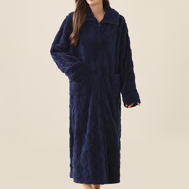 Diamond Textured Zip-Up Plush Robe - Navy Blue - XL - image 0