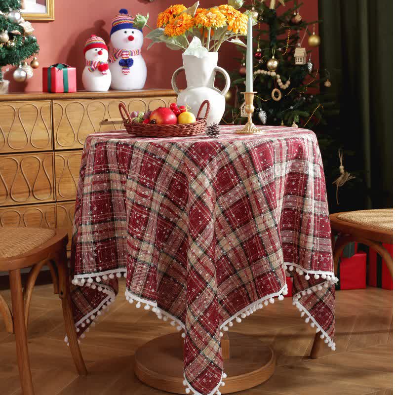 Christmas Snowflake Plaid Tassel Tablecloth - image 1