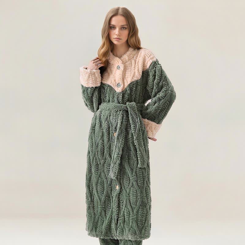Colorblock Round Neck Plush Bathrobe Set - Green - XL - image 0